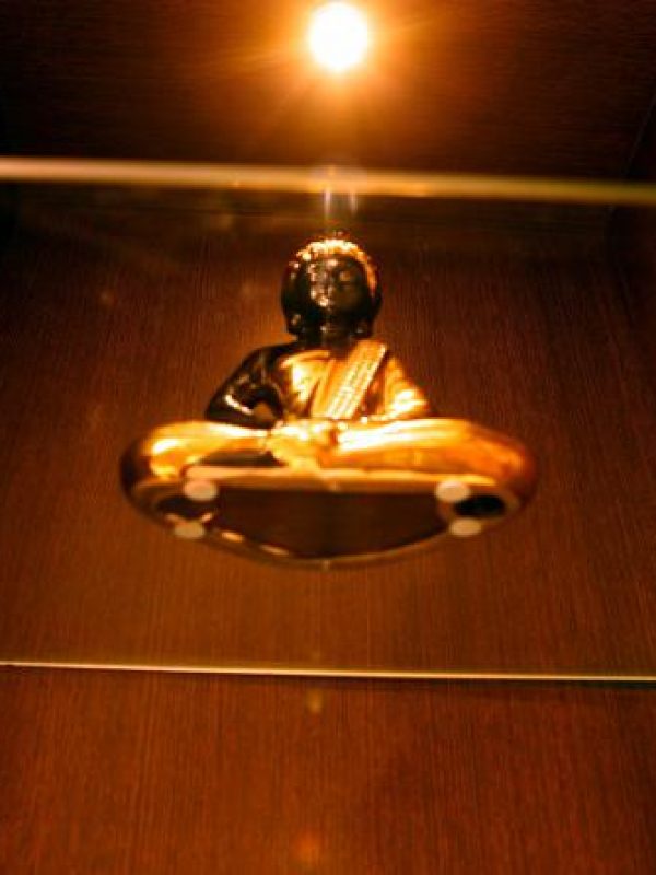 A beautiful Buddha idol placed on a rack topped with a light cascading from the top